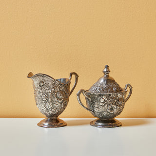 Antique Silver Floral-Etched Sugar Bowl + Creamer Set