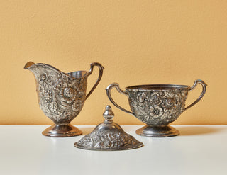 Antique Silver Floral-Etched Sugar Bowl + Creamer Set